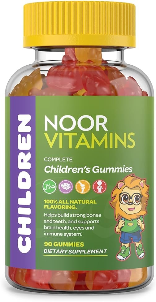 Noor Vitamins Halal Vitamins, Kids Vitamins, Kids Multivitamin Gummies: Vitamin C for Kids, D3, and Zinc for Immunity, B6 B12 for Energy. Gluten Free Halal Gummies, 90 Count Gummy Vitamins for Kid - Product Image
