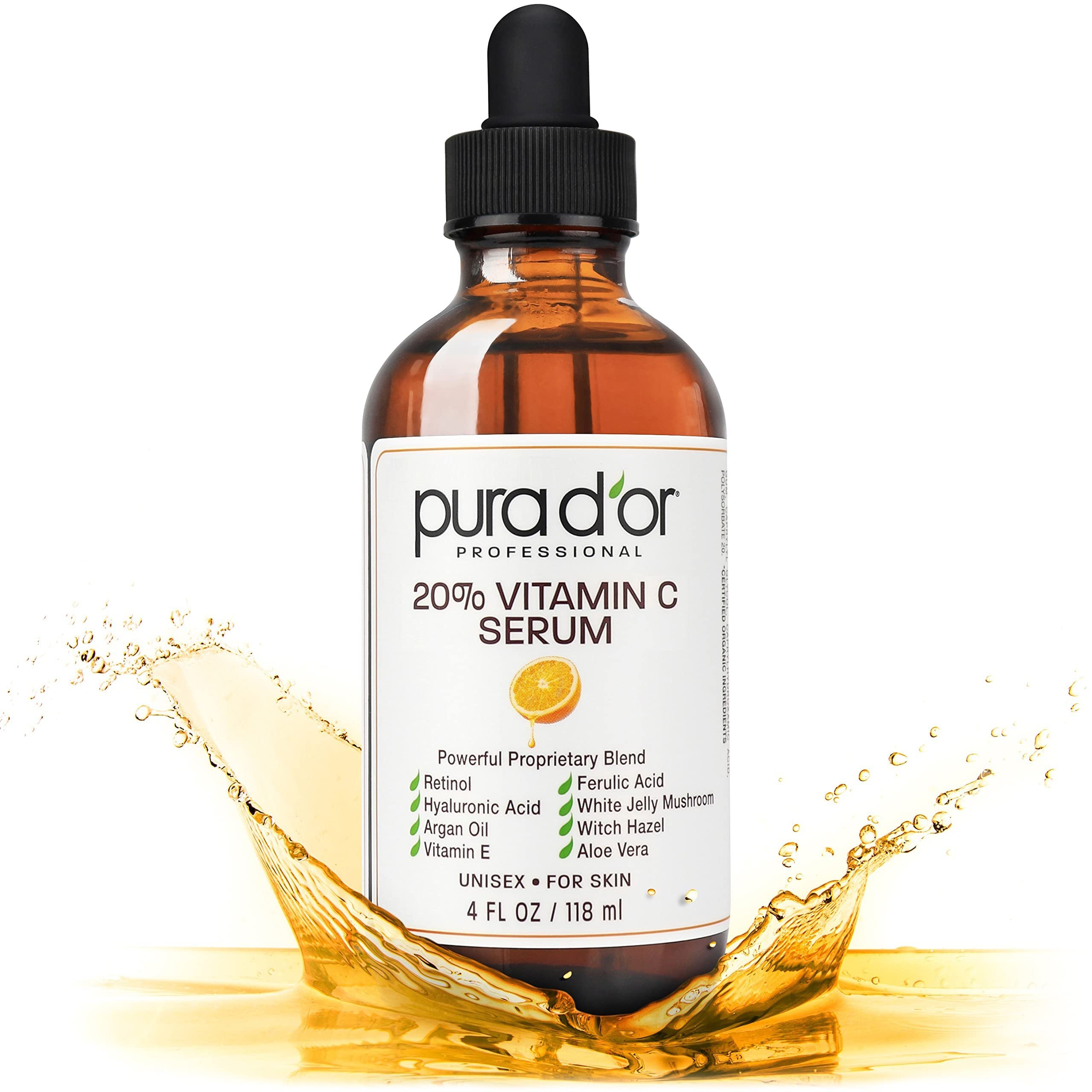 PURA D'OR 20% Vitamin C Facial Serum 4 Oz Antioxidant Anti-Aging Blend w/Retinol, Hyaluronic Acid, Ferulic Acid - Hydrating Lightweight Ayurvedic Skin Care - Men Women Daily Use - Product Image