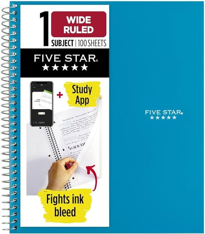 Five Star Spiral Notebook + Study App, 1 Subject, Wide Ruled Paper, 8" x 10-1/2", 100 Sheets, Fights Ink Bleed, Water Resistant Cover, Tidewater Blue (72875) - Product Image