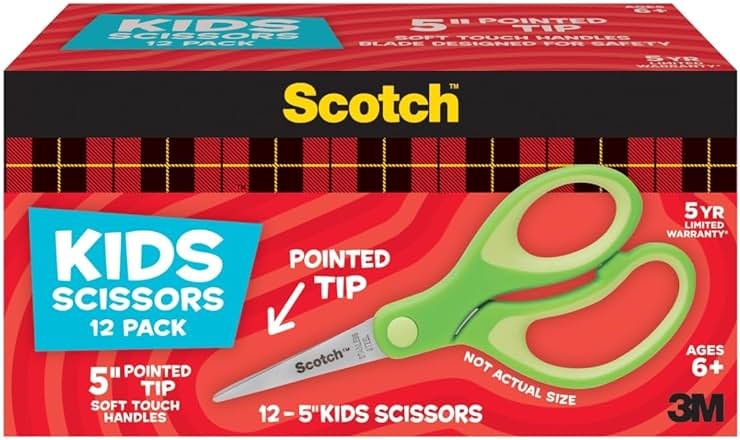 Scotch 5" Soft Touch Pointed Tip Kids Scissors, 12 Count Teacher’s Pack, Green, All-Purpose Scissors for School and Crafts (1442P-12) - Product Image