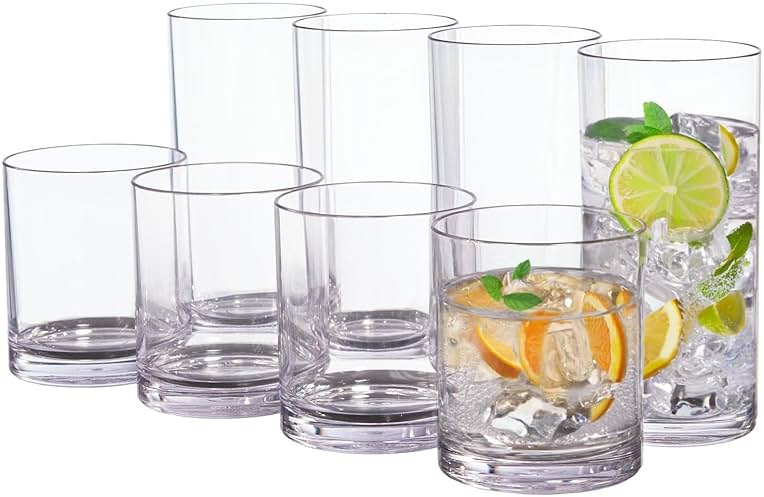 US Acrylic Classic Clear Plastic Reusable Drinking Glasses (Set of 8) 12oz Rocks & 16oz Water Cups | BPA-Free Tumblers, Made in USA | Top-Rack Dishwasher Safe - Product Image