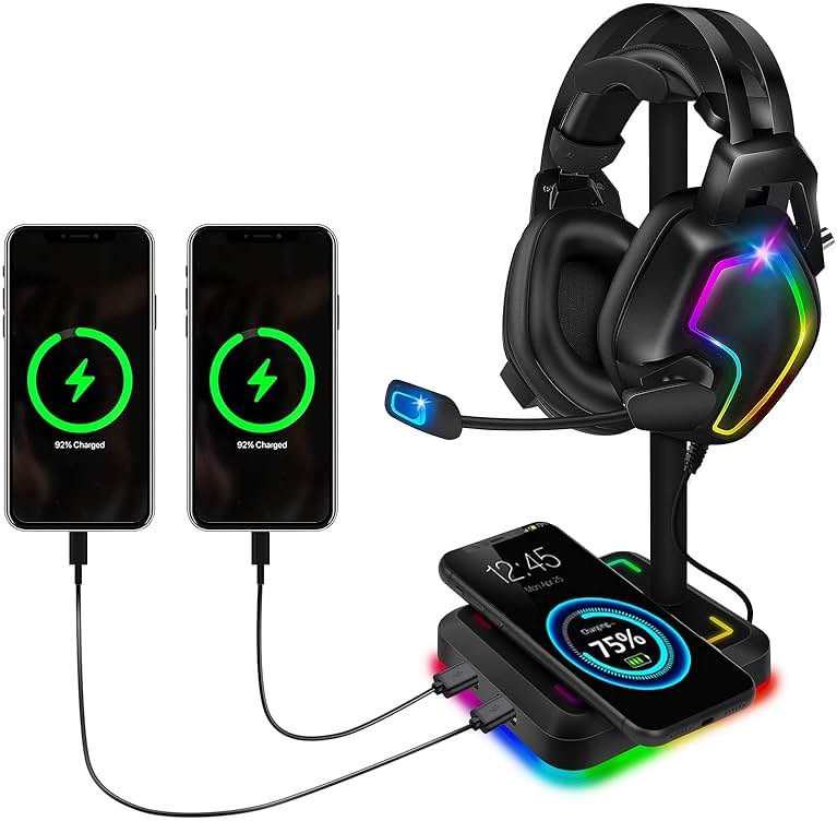 Headphone Stand with Wireless Charger Gaming Headset Holder 2 IN 1 Wireless Charging Pad & 2 USB Charger Ports for Desktop PC Game Accessories - Product Image
