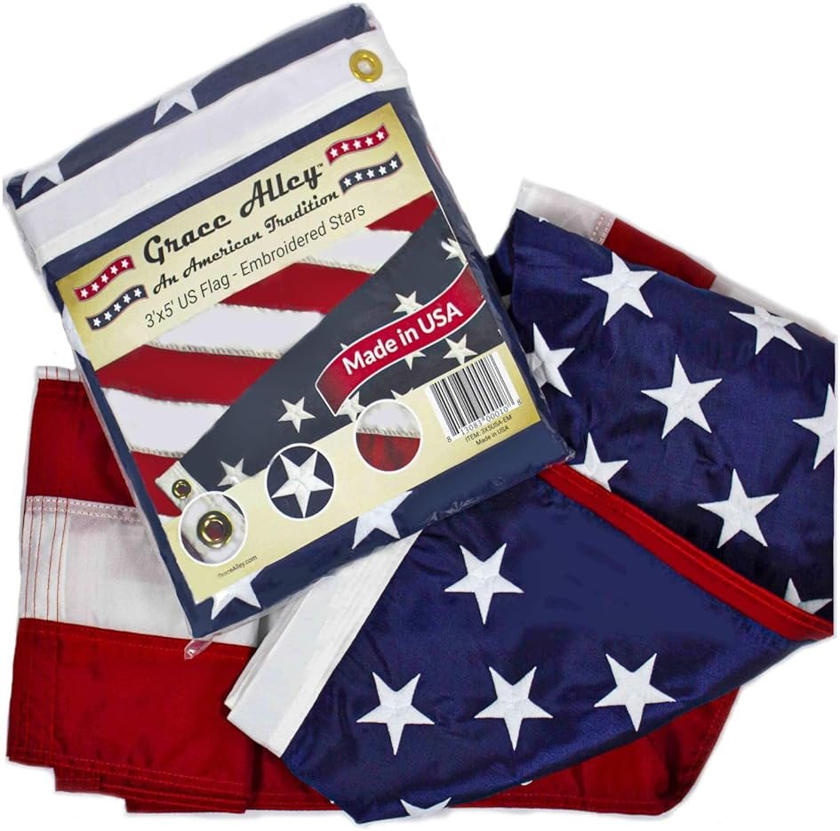 Grace Alley American Flag: 3x5 FT US Flag - 100% Made in USA. Embroidered Stars, Sewn Stripes and Brass Grommets. Fade Resistant, Heavy Duty, Long Lasting Nylon for Outdoor Durability. - Product Image