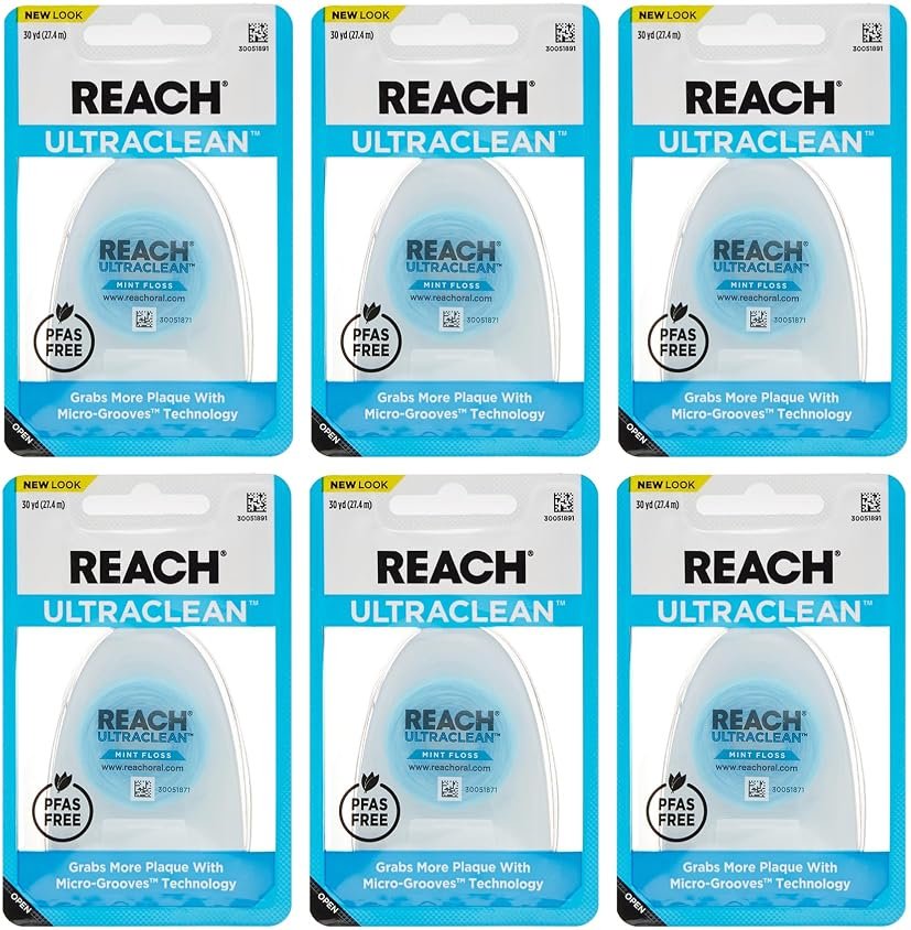 REACH Ultraclean Dental Floss, Mint, Plaque Remover for Teeth, Shred Resistant, Waxed, Easy on Gums & Teeth, Mint, Oral Care, PFAS Free, for Adults & Kids, 6 Pack, 30 yd - Product Image