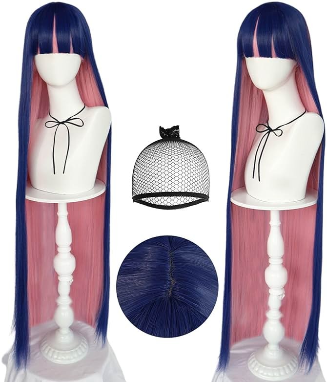 ANOGOL Hair Cap+ Blue Mix Pink Wig 105cm Long Straight Pink Wigs for Women with Bangs Costume for Women Synthetic Blue and Pink Hair Wigs for Stocking Cosplay Halloween Wig Anime Party - Product Image