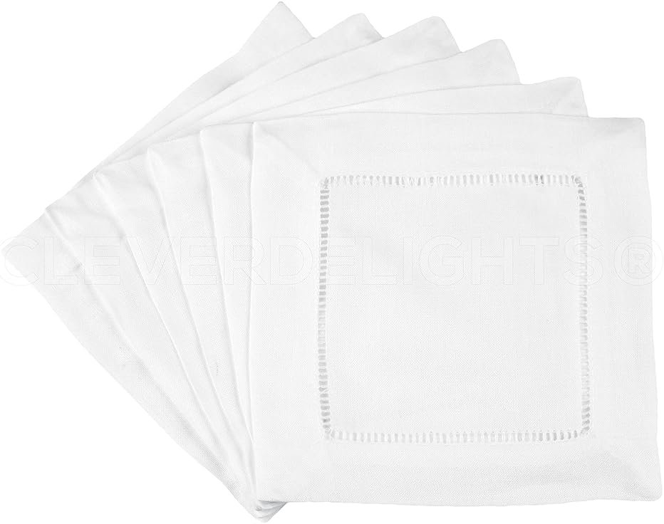 CleverDelights 6" White Cotton Hemstitch Cocktail Napkins - 12 Pack - 100% Cotton - Product Image