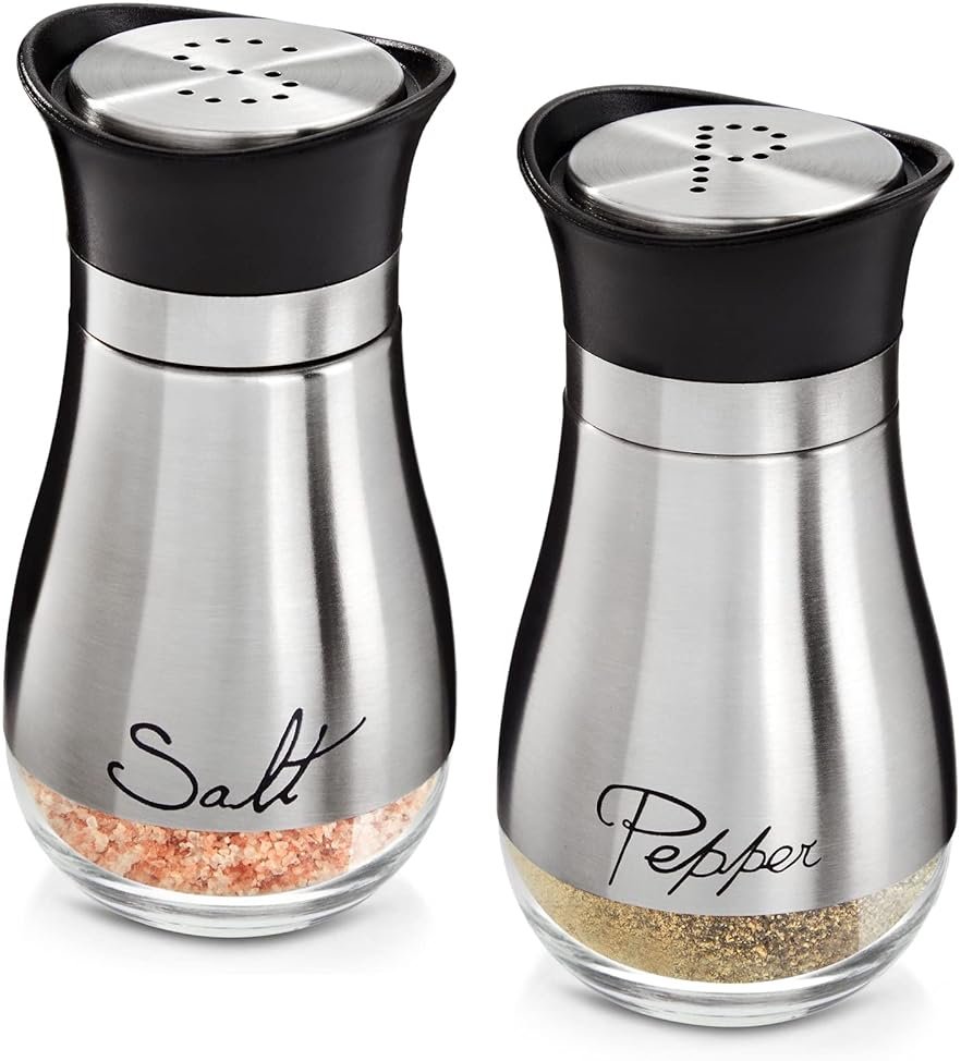 Stainless Steel Salt and Pepper Shaker Set with Glass Bottom, Perforated "S" and "P" Caps - Modern Kitchen Counter Decor (4oz) - Product Image
