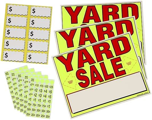 Sunburst Systems 4150 Yard Neon Yellow (10) Large Label 4150 Kit Includes (3) All-Weather Yard Sale Signs, (200) Pre-Priced Stickers , 11x14 inches - Product Image