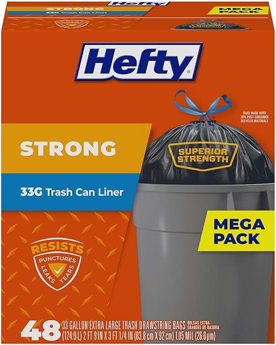 Hefty Strong Extra Large Trash Bags, Black, 33 Gallon, 48 Count - Product Image