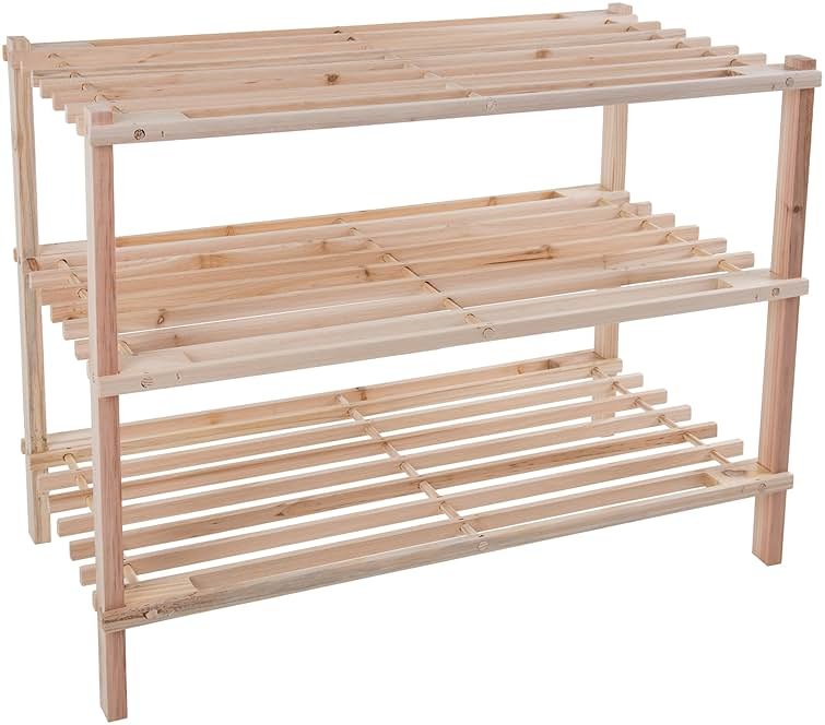 Shoe Storage Rack - 3-Tier Wood Shoe Organizer for Closet, Bathroom, Entryway - Footwear Shelf Holds 9 Pairs Sneakers or Boots by Lavish Home (Light Oak) - Product Image
