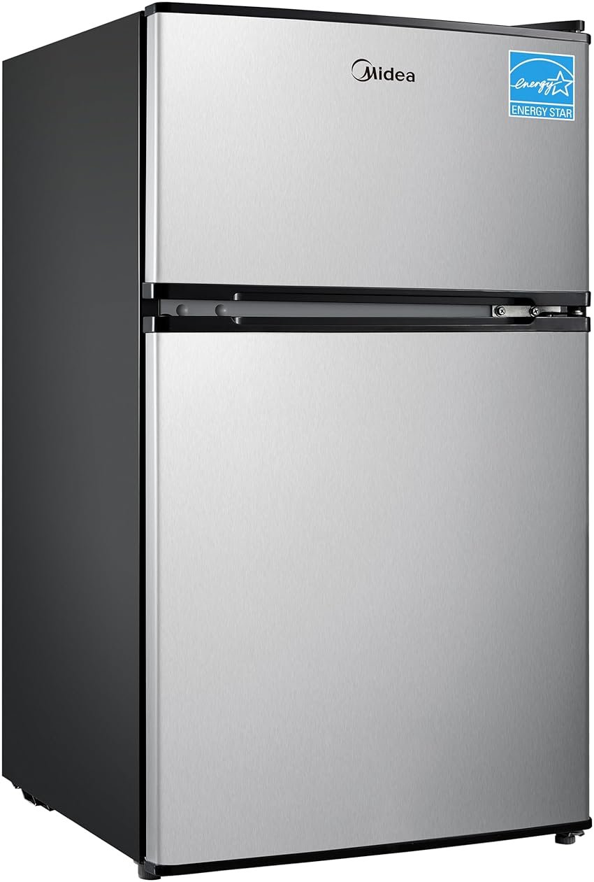 Midea WHD-113FSS1 Double Door Mini Fridge with Freezer for Bedroom Office or Dorm with Adjustable Remove Glass Shelves Compact Refrigerator, 3.1 cu ft, Stainless Steel - Product Image