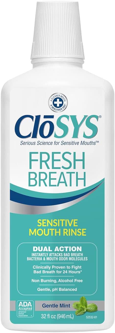 CloSYS Mouthwash, 32 Ounce, Fresh Breath Mouthwash, Gentle Mint, Alcohol Free, Dye Free, pH Balanced Mouth Wash, Helps Soothe Entire Mouth, Fights Bad Breath - Product Image