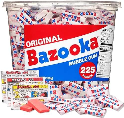 Bazooka Bubble Gum Bulk, 225 Count Tub of Chewing Gum Individually Wrapped, Old Fashioned 90's Candy for Baseball, Party Favors, Goodie Bags - Product Image