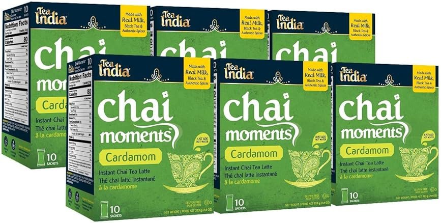 Tea India Chai Moments Cardamom Chai Tea Instant Latte Mix Flavorful Blend Of Premium Black Tea, Cardamom & Natural Ingredients Traditional Indian Tea Individually wrapped 10 Sachets Pack of 6 - Product Image