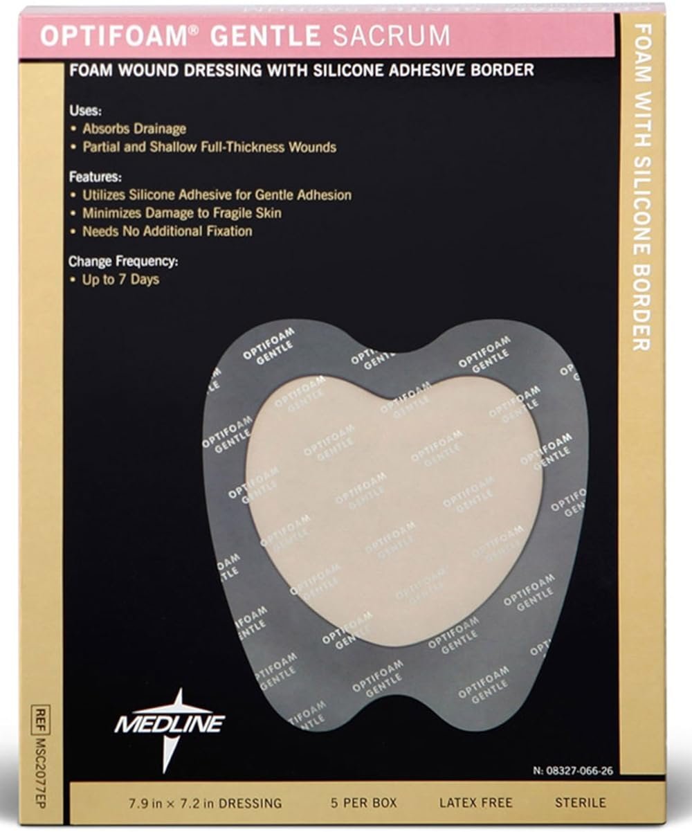 Medline Optifoam Gentle Foam Wound Dressing with Silicone Adhesive Border, 8" x 7" Sacrum, Educational Packaging, Pack of 5 - Product Image