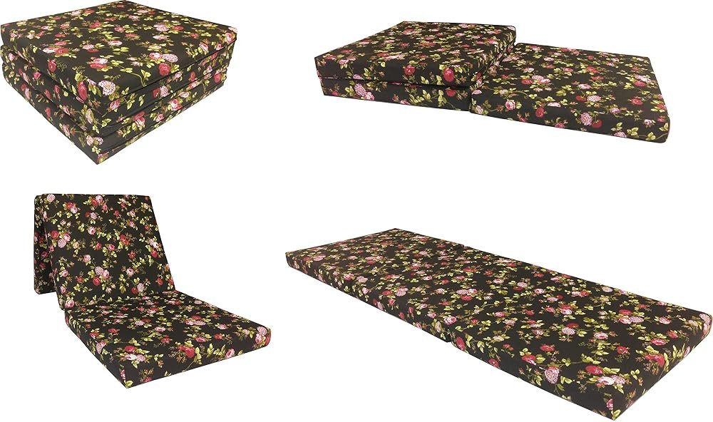 D&D Futon Furniture Trifold Foam Beds, Floor Tri-Fold Bed, Foldable Shikibuton Mattress Cushion Topper Mat for Space Saving Sleepover 3x27x75 in, Red Rose Black - Product Image