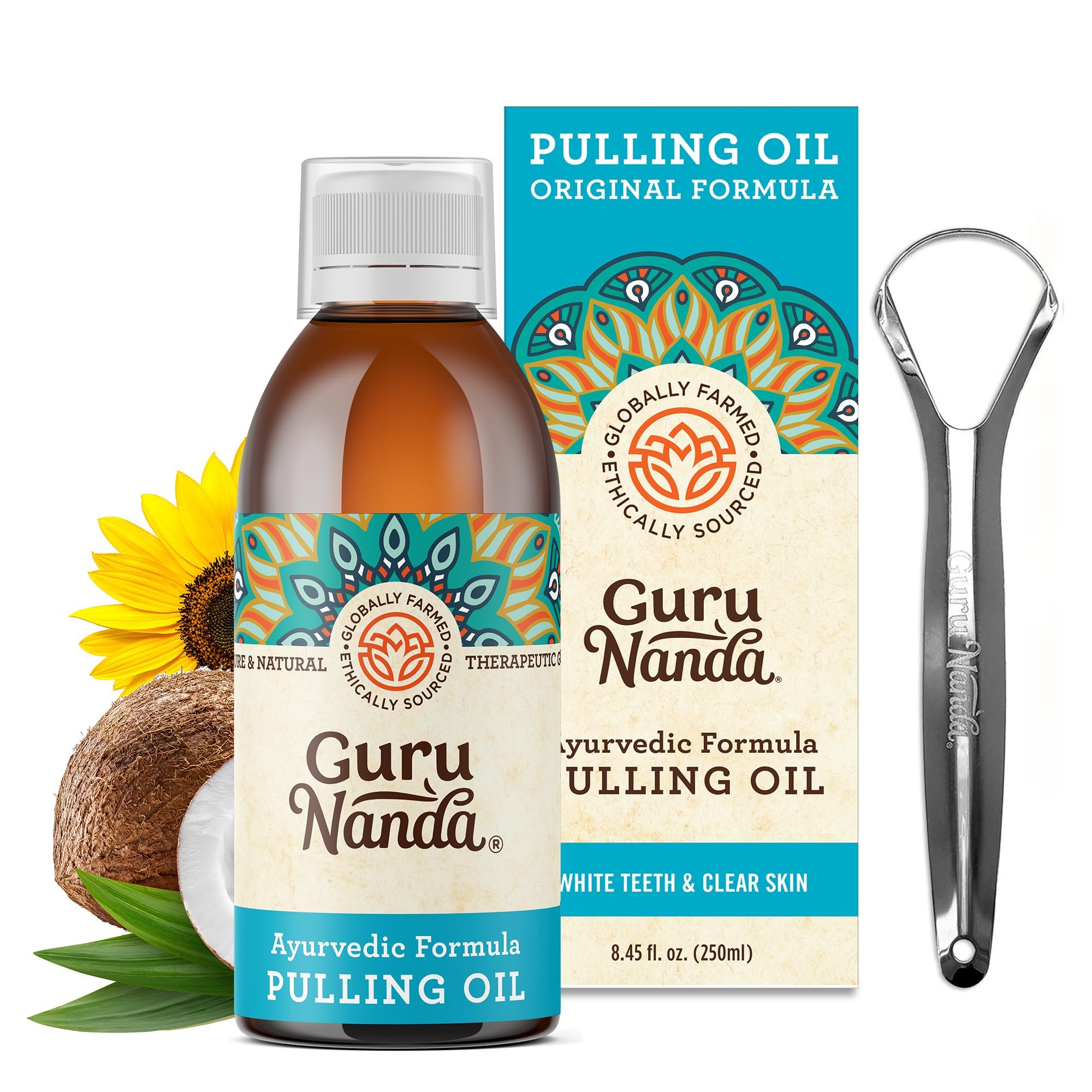 GuruNanda Original Oil Pulling Mouthwash, Promotes Deep Cleaning, with Coconut & Sesame for Teeth & Gum Health & Fresh Breath, with Tongue Scraper, Alcohol-Free, 8.45 Fl Oz - Product Image