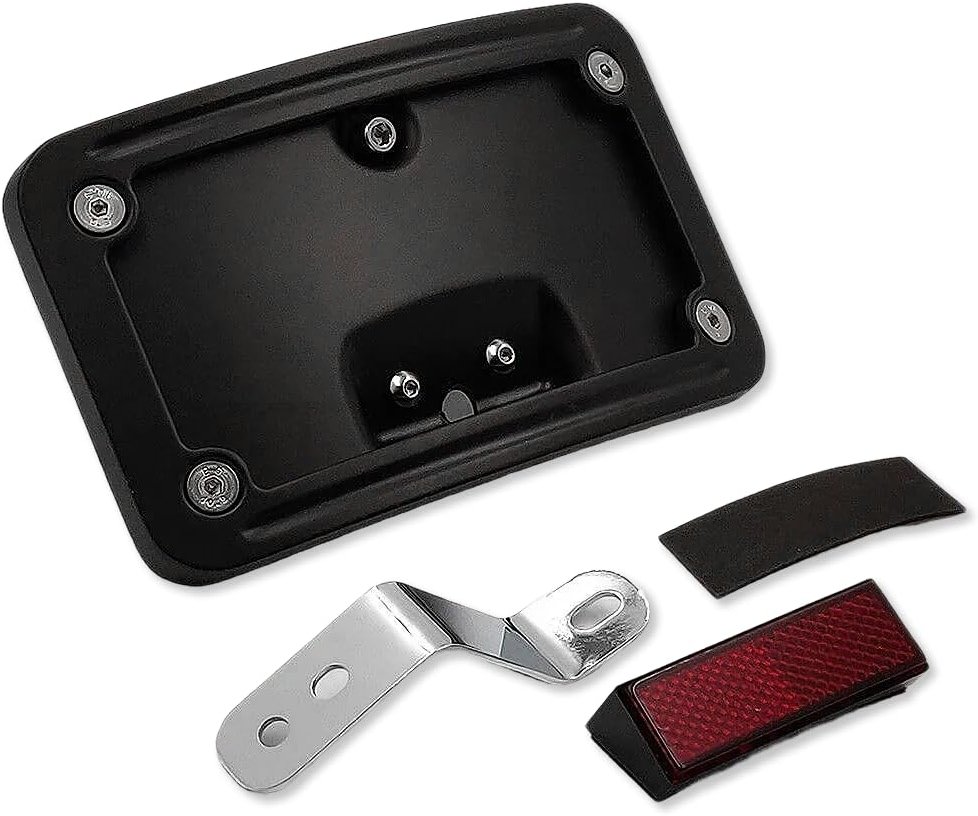 HTTMT MT388-BK Black Laydown Curved License Plate Bracket Tag Holder w/Mount Kit Compatible with Harley Davidson 2005-2007 Softail Springer Classic FLSTSC/ 2005-2017 Softail Deluxe FLSTN - Product Image