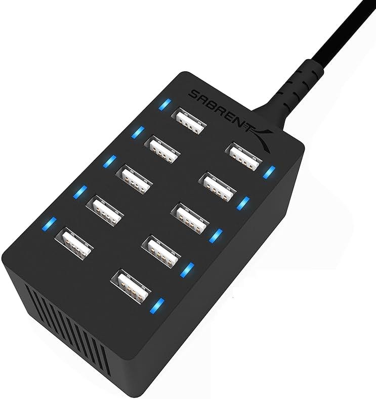 Sabrent 60 Watt (12 Amp) 10-Port [UL Certified] Family-Sized Desktop USB Rapid Charger. Smart USB Ports with Auto Detect Technology [Black] (AX-TPCS) - Product Image