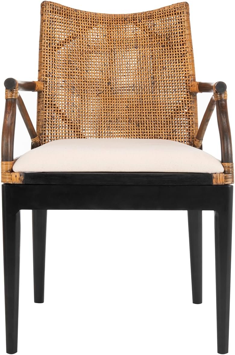 SAFAVIEH Furniture - Gianni Rattan Arm Chair - Brown & Black - Solid Wood - Coastal Open-Arm Design - Ideal for Living Room, Sunroom, Bedroom, 19.8" Seat Height (SEA4011A) - Product Image