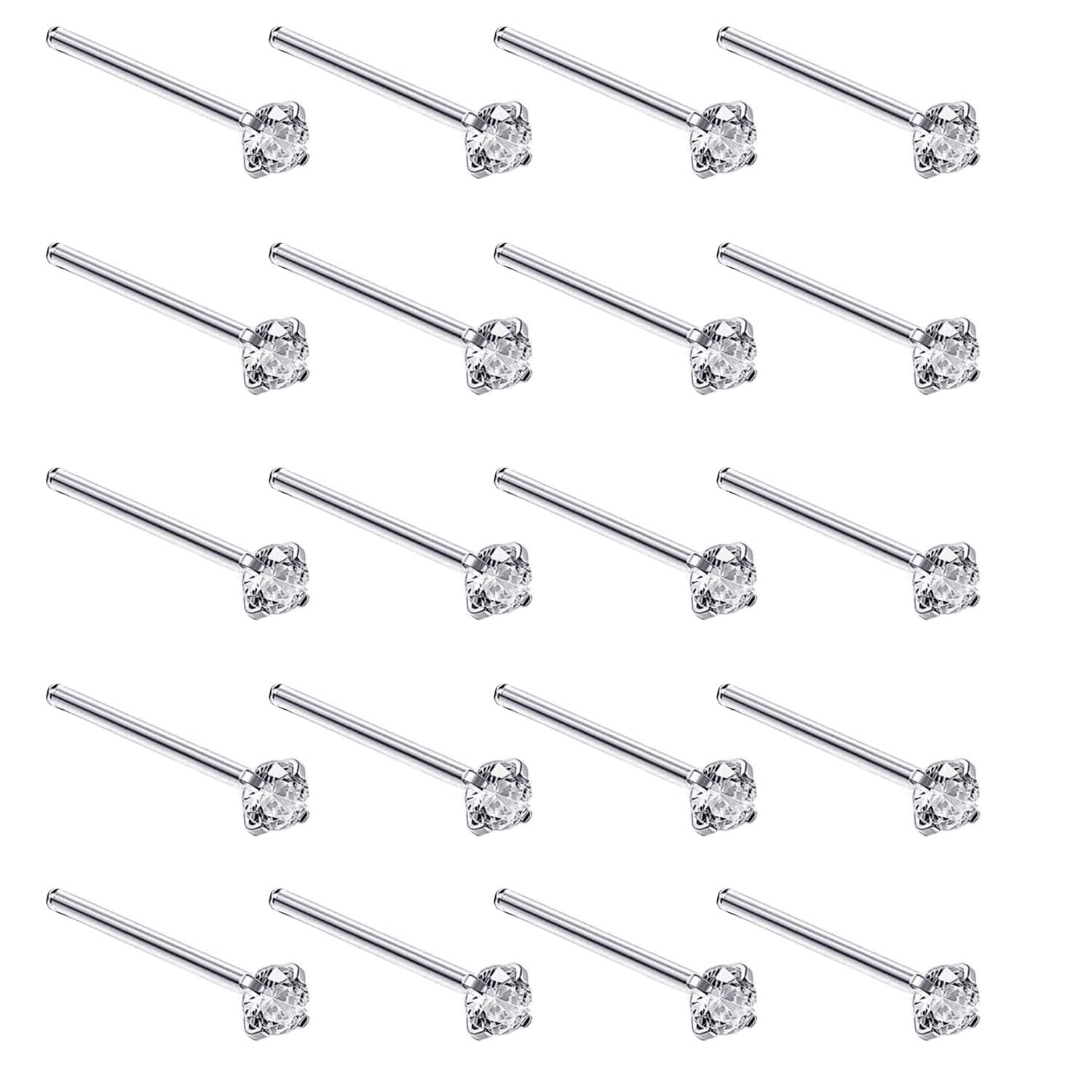 Silver Set of 20 Round Clear Simulated Diamond Nose Stud Box 1.5 mm Straight - Product Image