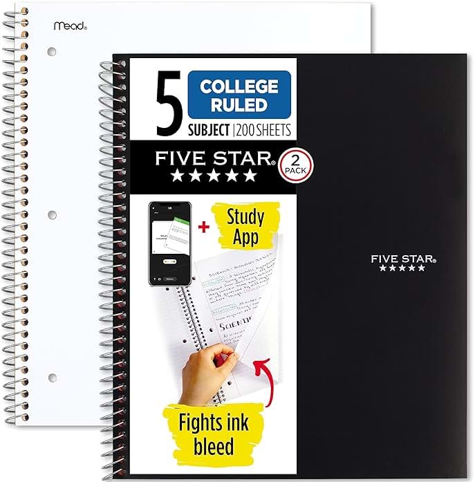 Five Star Spiral Notebooks Plus Study App, 2 Pack, 5 Subject, College Ruled Paper, 11" x 8-1/2", 200 Sheets, Black & White (73035) - Product Image