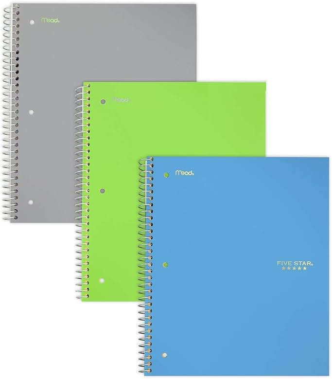 Five Star Spiral Notebooks, 1 Subject, Wide Ruled Paper, 100 Sheets, 10-1/2" x 8", Teal, Lime, Gray, 3 Pack (73057) - Product Image