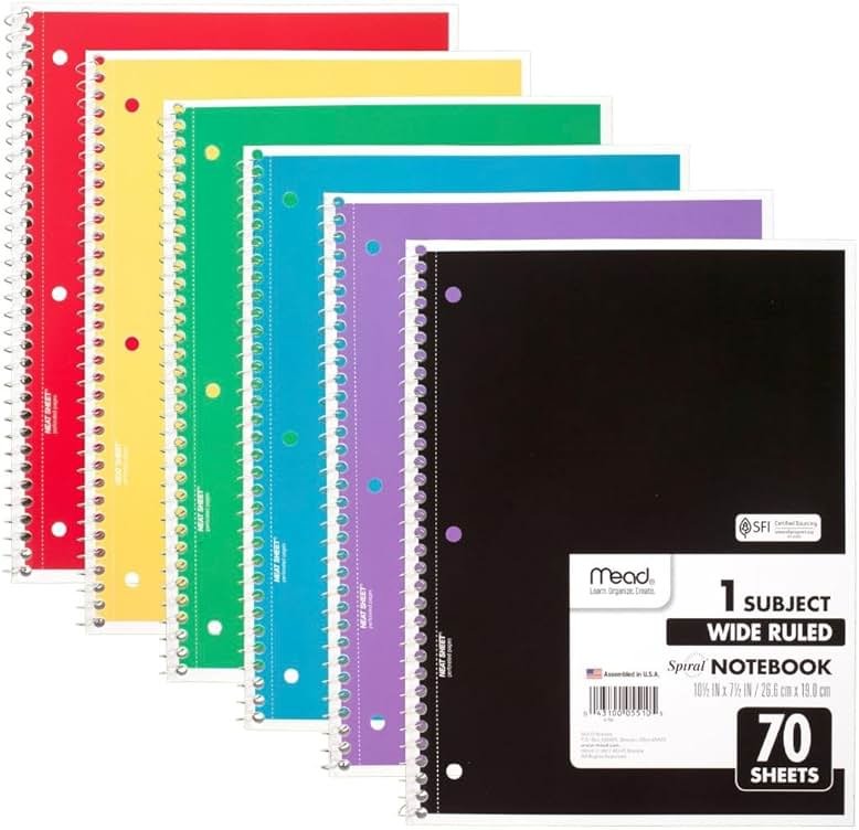 Mead Spiral Notebook, 6 Pack, 1 Subject, Wide Ruled Paper, 7-1/2" x 10-1/2", 70 Sheets per Notebook, Colors Will Vary (930201-ECM25) - Product Image