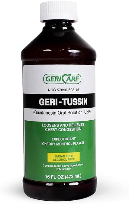 GeriCare Geri-Tussin Guaifenesin Oral Liquid Solution, Sugar-Free, Alcohol-Free Cough and Cold Relief Syrup, Helps Clear Chest Congestion, 16 Ounce Bottle (Pack of 1) - Product Image