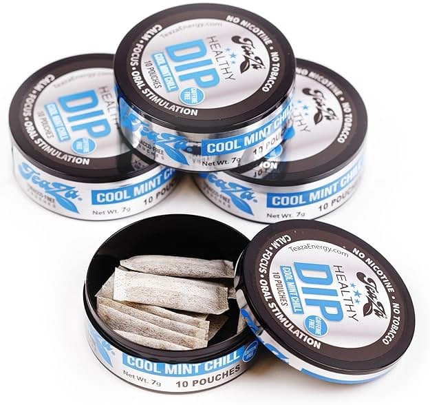 Teaza Herbal Energy Pouches, Alternative Snuff and Healthy Dip, Caffeine Free Tobacco Free Chew Premium Crisp Minty Flavor - Cool Mint Chill (4 Pack) - Product Image