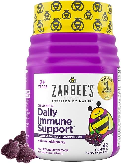 Zarbee’s Elderberry Gummies for Kids, Immune Support Supplement with Vitamins A, C, D3, E, & Zinc, Gluten & Gelatin Free, No Artificial Flavors, Natural Berry Flavor, Ages 2+, 42 ct - Product Image