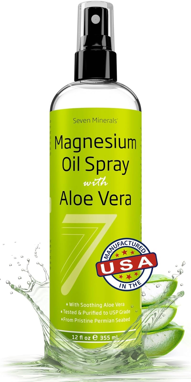Seven Minerals Pure Magnesium Oil Spray with Aloe Vera 12oz - Pharmaceutical (USP) Grade, Highest Strength with Instant Relief for Feet, Sleep, Muscle Pain & Cramps - Mined in The USA - Product Image