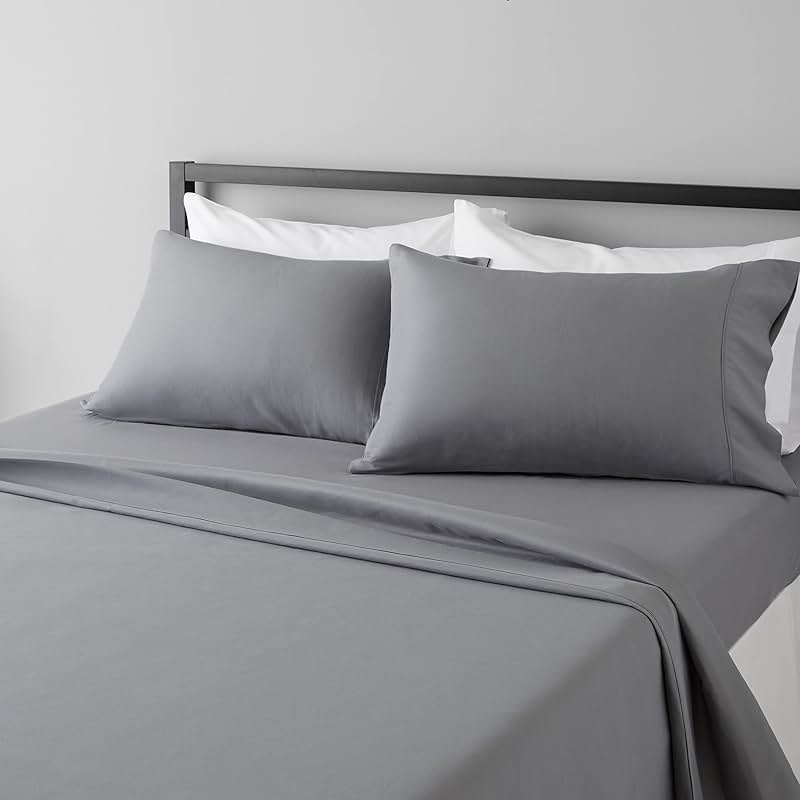 Amazon Basics Lightweight Super Soft Comfortable Breathable Wrinkle Resistant Brushed Microfiber 4-Piece Bed Sheet Set with 14-Inch Deep Pockets, Queen, Dark Gray, Solid - Product Image
