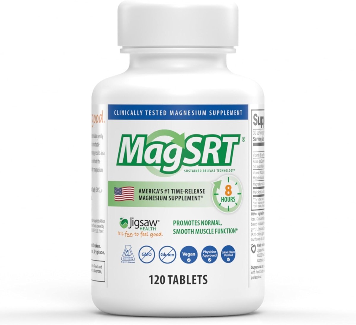 Jigsaw Health MagSRT | Magnesium Supplement with Vitamin B6, Folate & B12 | 120 Tablets | 30 Servings - Product Image