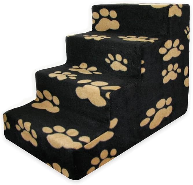 Best Pet Supplies Dog Stairs & Steps - Foam Steps for Small Dogs & Cats, Non-Slip Indoor Balanced Pet Step Support, Dog Ramp, No Assembly, Paw Print on Black, 4-Step (18-inch Height) - Product Image