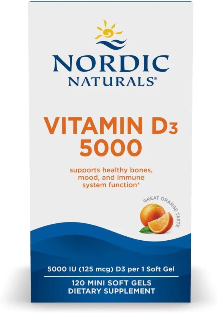 Nordic Naturals Vitamin D3 5000, Orange - 120 Mini Soft Gels - 5000 IU Vitamin D3 - Supports Healthy Bones, Mood & Immune System Function - Non-GMO - 120 Servings - Product Image