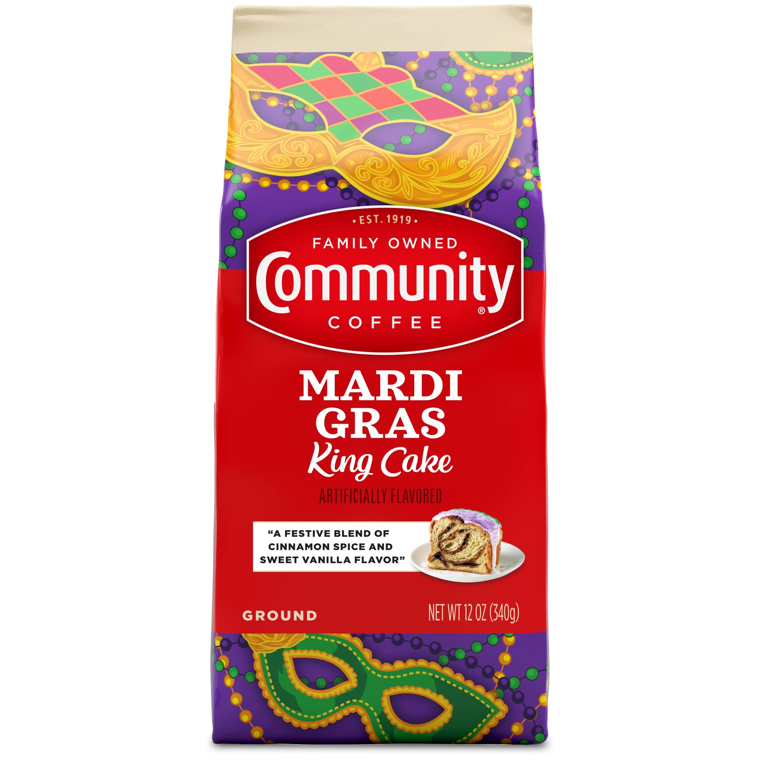 Community Coffee Mardi Gras King Cake Flavored 12 Ounces, Medium Roast Ground Coffee, 12 Ounce Bag (Pack of 1) - Product Image