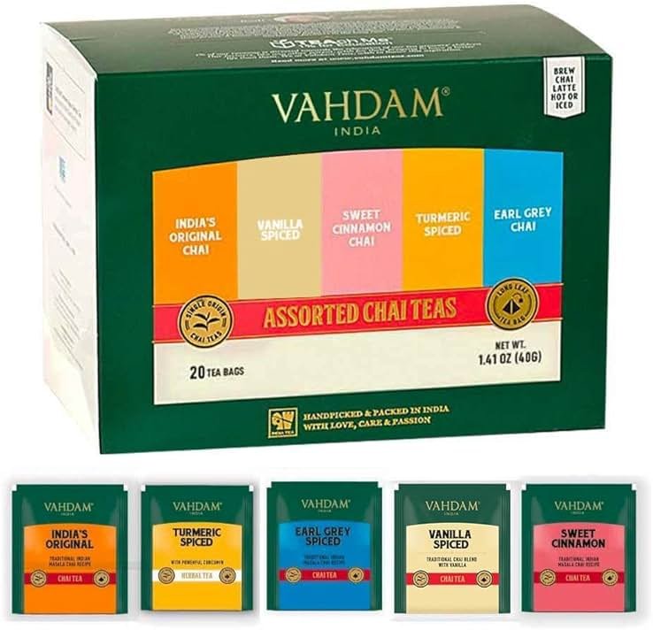 VAHDAM, Assorted Chai Tea Bags Sampler (5 Flavors, 20 Ecofriendly Pyramid Tea bags) I Christmas 2025 Gift Ideas for Women & Men | Masala Chai Tea Varieties from India | Gluten Free & Non GMO - Product Image