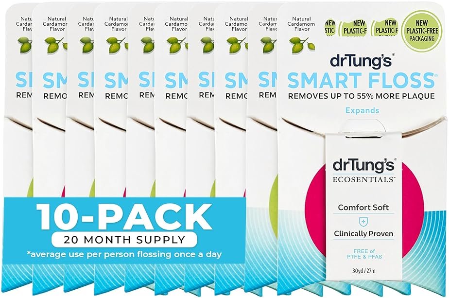 DrTung's Smart Floss - Natural Floss, PTFE & PFAS Free Floss, Gentle on Gums, Expands & Stretches, BPA Free - Cardamom Flavor, Colors Vary (10 Pack) - Product Image