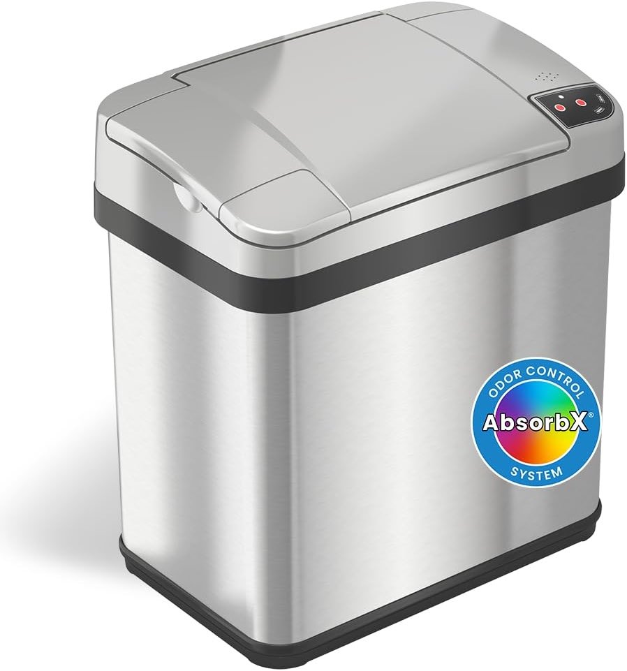 iTouchless 10 Liter / 2.5 Gal Sensor Bathroom Trash Can with Lid and AbsorbX Deodorizer, Stainless Steel Small Waste Basket, Includes Air Freshener Fragrance Pack, Home Office Bedroom Livingroom - Product Image