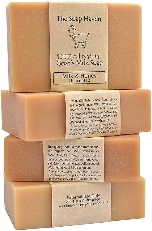 The Soap Haven Handmade Goat Milk Soap Bar with Honey | Unscented Fragrance Free Sulfate & Paraben Free Soap for Sensitive Skin | Natural Soap for Body Face Hand | Pure & Gentle | 4 Bars | Non-GMO  - Product Image