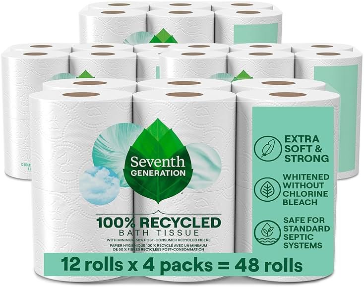 Seventh Generation Toilet Paper, 100% Recycled 2-Ply Bath Tissue, 4 Pack x 12 Rolls of 240 Sheets, Extra Soft, Strong for Home & RV, Whitened without Chlorine Bleach, No Dyes, Fragrances, Septic Safe - Product Image