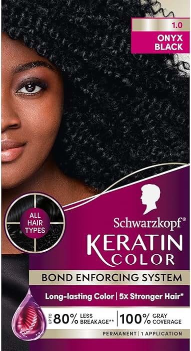 Schwarzkopf Keratin Permanent Hair Dye Cream, 1.0 Black Onyx, Professional Quality Color for Up to 100% Gray Coverage, Bond Enforcing System - Product Image