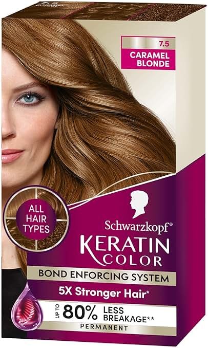 Schwarzkopf Keratin Permanent Hair Dye Cream, 7.5 Caramel Blonde, Professional Quality Color for Up to 100% Gray Coverage, Bond Enforcing System - Product Image