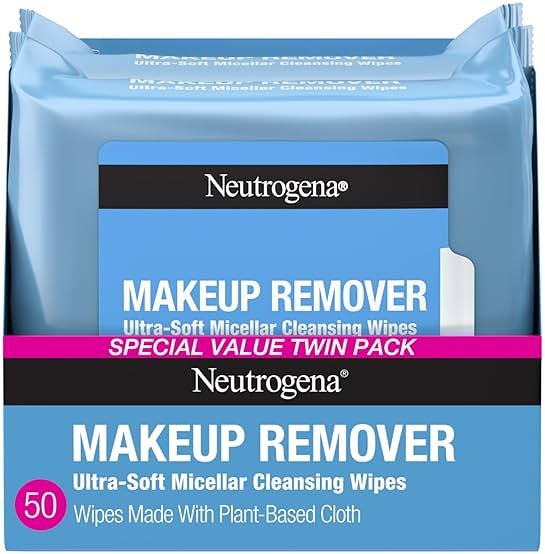 Neutrogena Makeup Remover Micellar Wipes for Face Daily Gently Removes Oil Dirt and Waterproof Makeup in a Simple Fully Plant-Based Cloth, 2 pack of 25 ct - Product Image