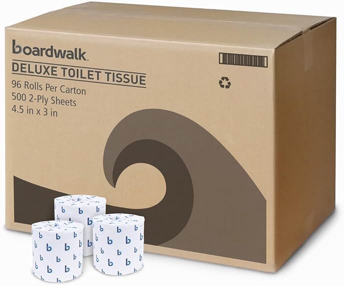 Boardwalk 2-Ply Bulk Toilet Paper Rolls for Professional and Commercial Use | 125 Feet Septic Safe Single Roll Toilet Paper Rolls | 500 White 4.5" x 3" Sheets per Roll | 96 Count per Box - Product Image