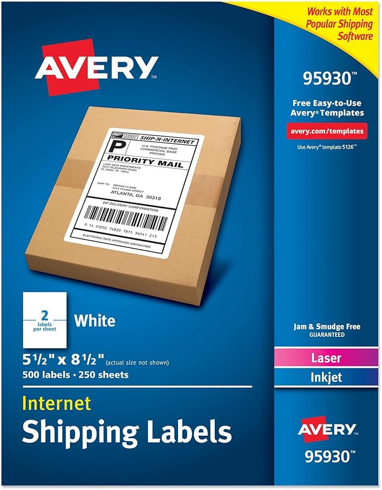 Avery Half Sheet Printable Shipping Labels, 5.5" x 8.5", White, 500 Blank Mailing Labels, Great for Packages, Product Merchandising, Organization, and More (95930) - Product Image