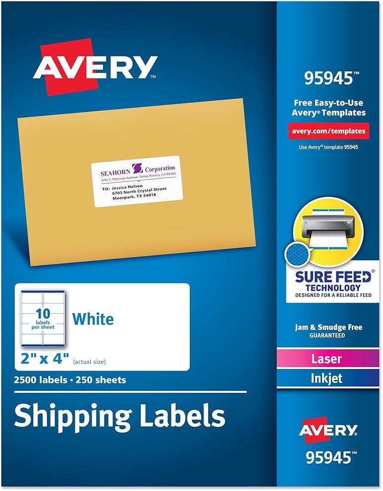 Avery Printable Shipping Labels, Sure Feed Technology, 2" x 4" Customizable Stickers, White, 2,500 Blank Mailing Labels, Great for Mailing, Shipping, and More (95945) - Product Image