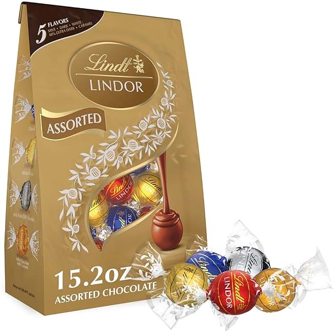 Lindt LINDOR Assorted Chocolate Candy Truffles, Chocolate with Smooth, Melting Truffle Center, 15.2 oz. Bag - Product Image