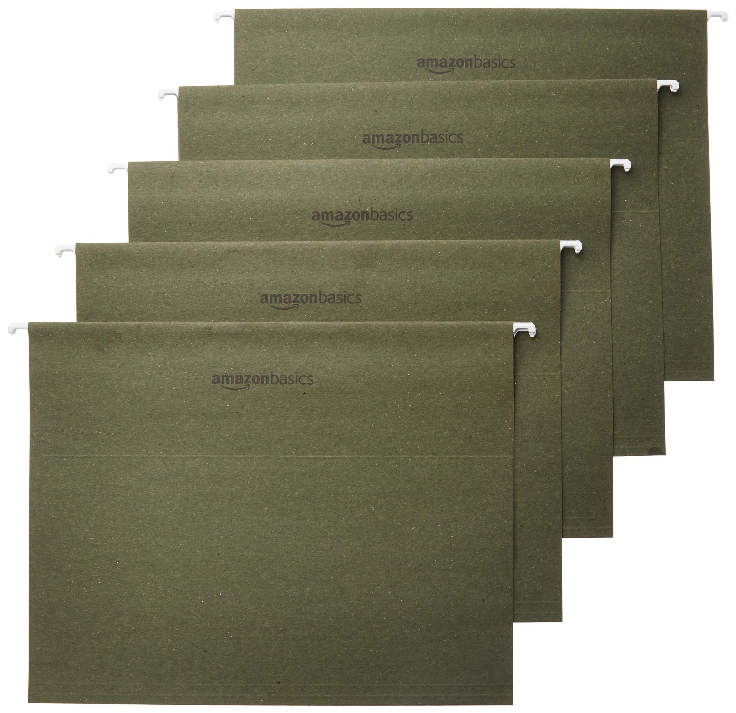 Amazon Basics Hanging File Folders with Adjustable Tabs, Sturdy Expandable Document Organizer, Letter Size 8.5x11 inch, Green, 25-Pack - Product Image